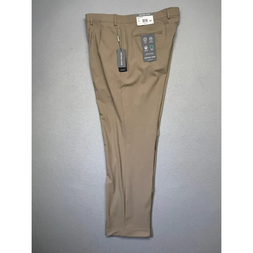 Michael Kors Men's Pleated Solid Classic Fit Pants Tan 40x32 $95